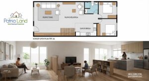 Interior rumah minimalis konsep open plan menyatu ruang tamu dan dapur agar terlihat luas di Blitar by Patrialand.