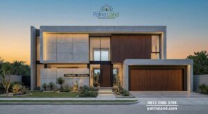 Tampak depan rumah model kotak geometris modern (Boxy House) yang elegan untuk perumahan di Blitar.