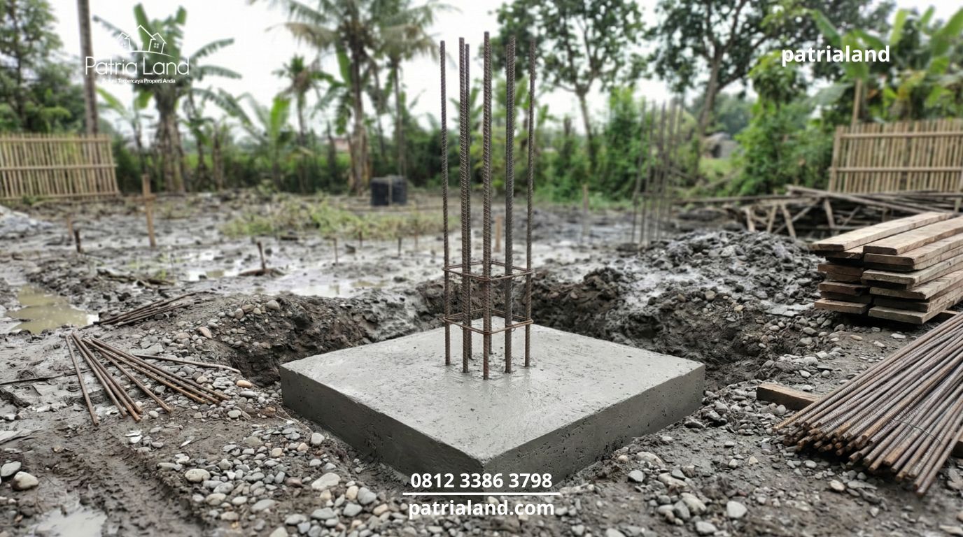 Struktur cor beton pondasi footplate yang wajib digunakan untuk menahan beban rumah 2 lantai dengan kedalaman hingga 2 meter.