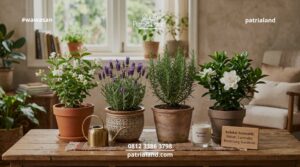 Koleksi tanaman aromatik seperti bunga melati, lavender, rosemary, dan gardenia untuk dekorasi interior rumah.