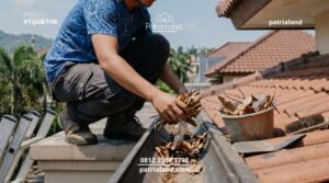Rutin membersihkan talang air dari daun kering untuk mencegah kebocoran atap dan kerusakan plafon.