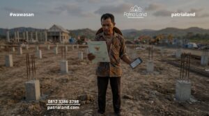Ilustrasi seorang pria di area lahan kosong memegang sertifikat Hak Milik dan smartphone, mengingatkan pentingnya tidak menunda proses balik nama sertifikat tanah warisan agar status aset menjadi jelas.