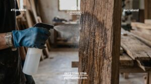 Seseorang sedang menyemprotkan cairan anti rayap pada struktur kayu untuk mencegah rangka bangunan keropos dan ambruk.