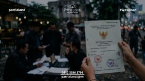 Tangan memegang dokumen sertifikat tanah di lokasi yang remang-remang dengan sekelompok oknum di latar belakang, merepresentasikan bahaya sertifikat atas nama orang meninggal yang rentan dipalsukan oleh mafia tanah.