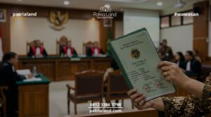 Seseorang memegang sertifikat Hak Milik di dalam ruang sidang pengadilan, mengilustrasikan rumitnya birokrasi hukum dan sulitnya mencairkan aset atau menjadikannya jaminan bank jika status tanah belum balik nama.