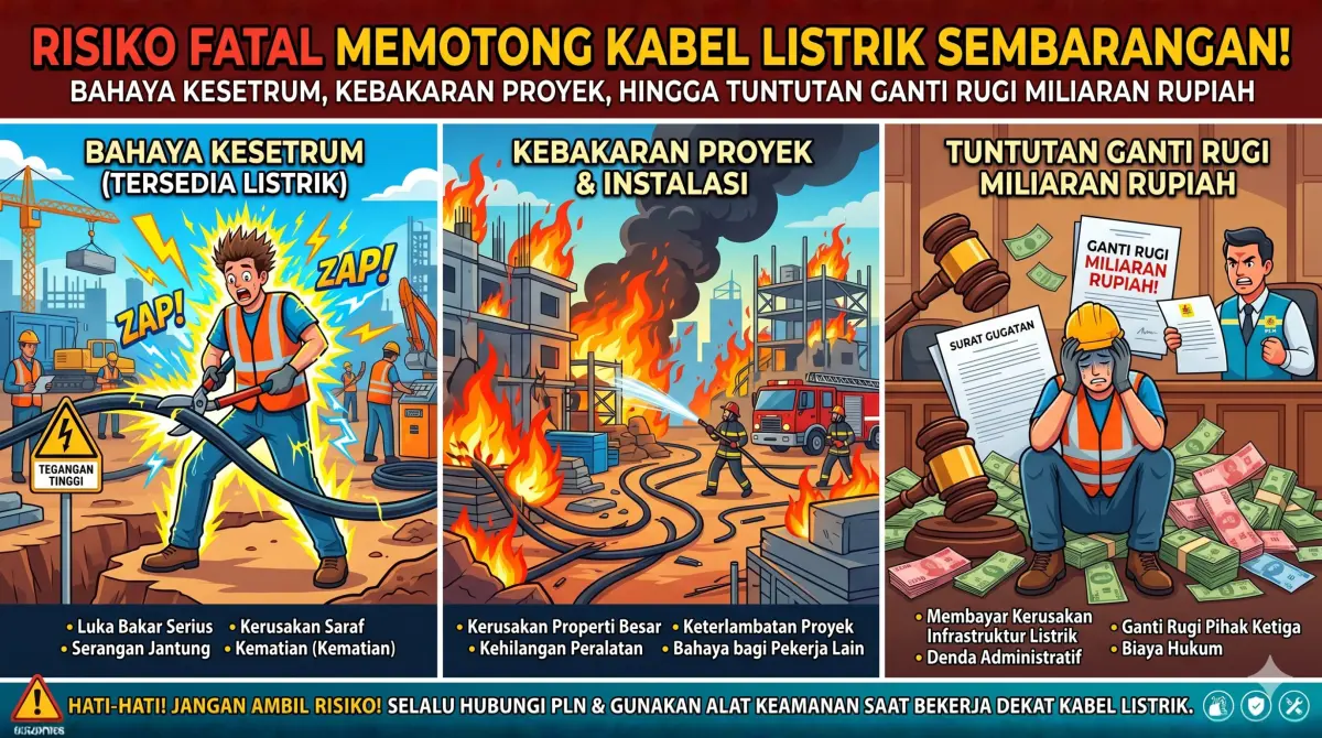 Risiko fatal memotong kabel listrik sembarangan, mulai dari bahaya kesetrum, kebakaran proyek, hingga tuntutan ganti rugi miliaran rupiah.