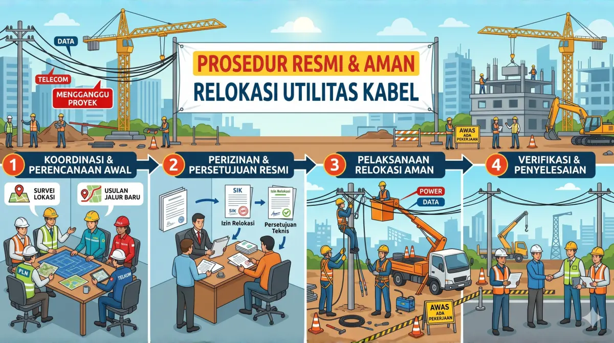 Prosedur resmi dan aman untuk memindahkan utilitas kabel yang mengganggu proyek melalui koordinasi dengan operator terkait.