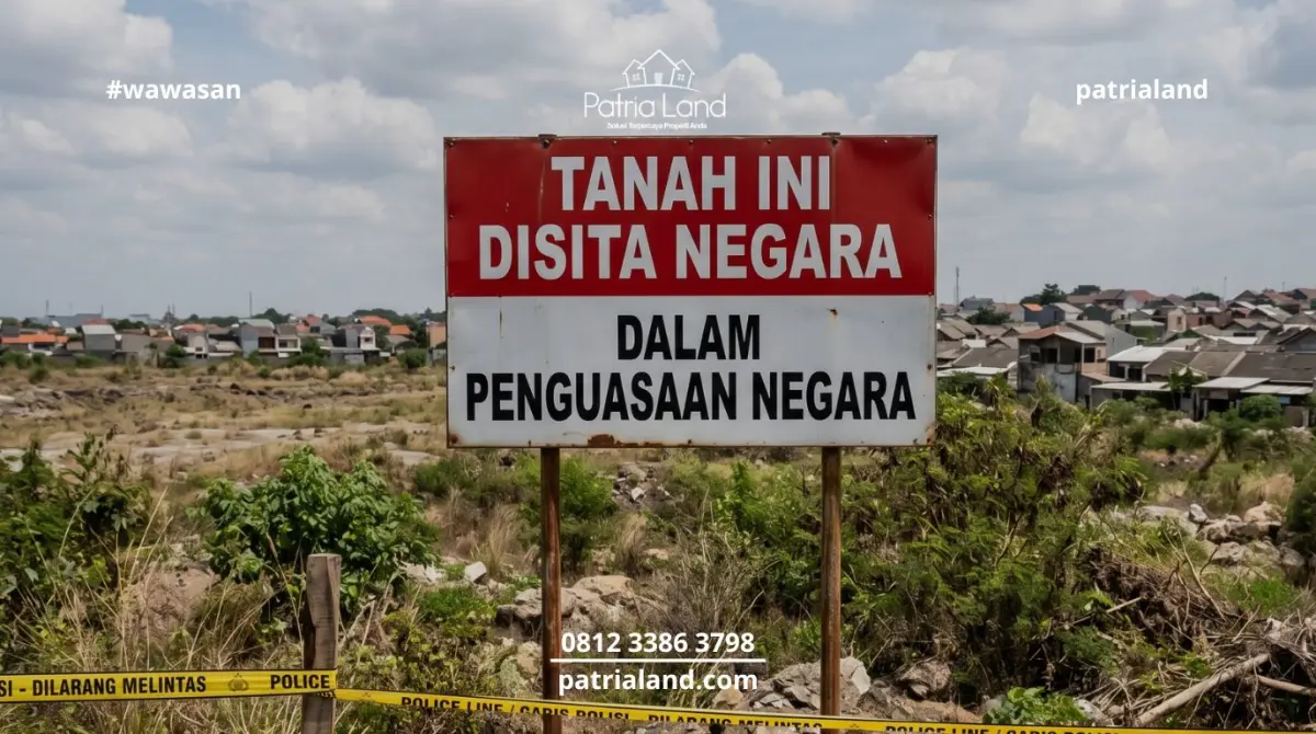 Papan peringatan penyitaan tanah oleh negara akibat pembiaran sesuai aturan PP No 48 Tahun 2025.