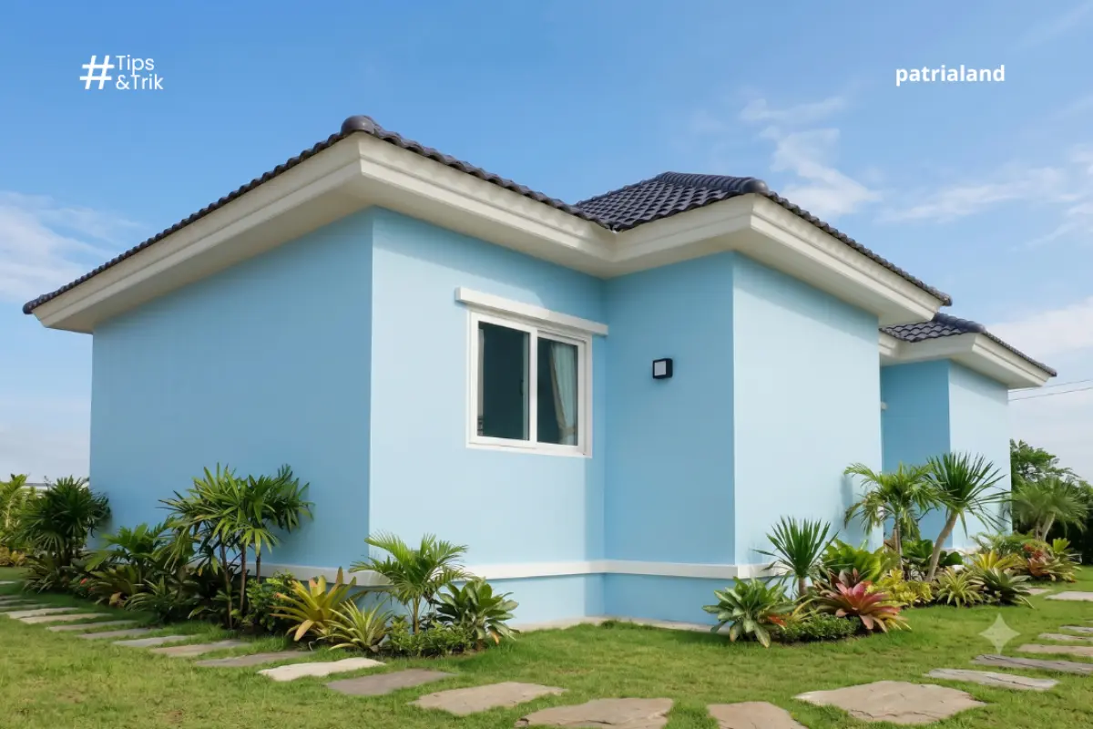 Cat eksterior rumah warna Biru Muda Tropical Cool dari Cendana Paints.