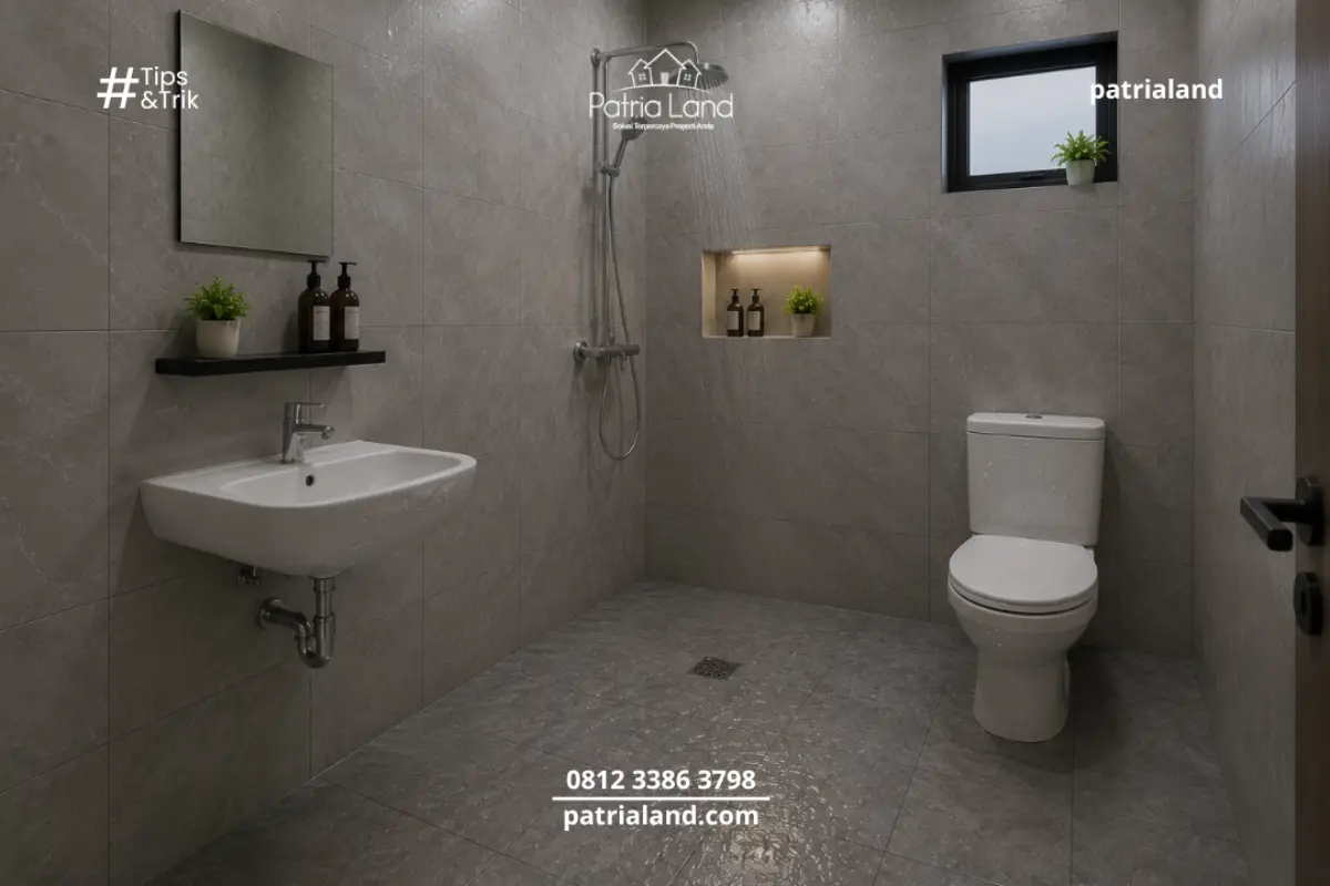 Desain kamar mandi basah konvensional yang hemat lahan tanpa sekat pemisah ruangan