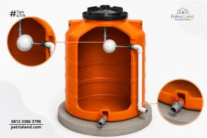 Detail komponen pipa over-flow pelampung otomatis dan pipa drain pada toren air.