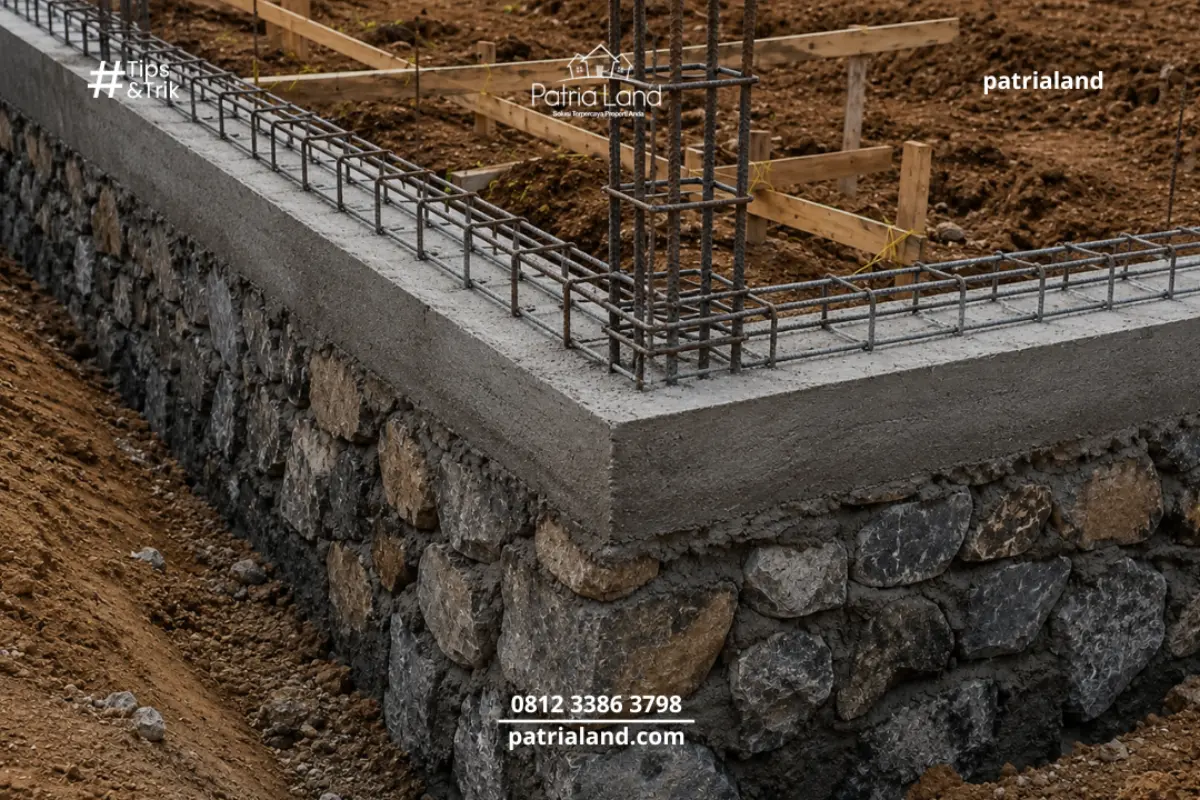 Detail struktur pondasi batu kali untuk rumah 1 lantai di tanah stabil