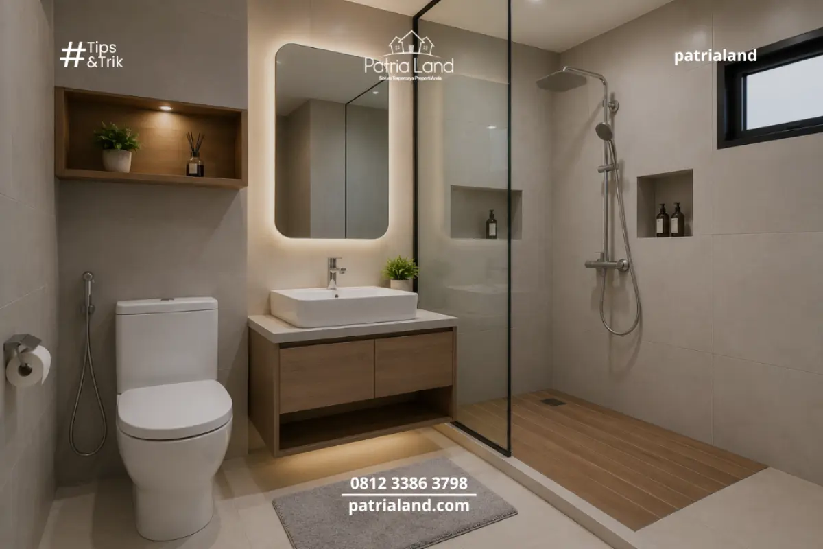 Inspirasi desain kamar mandi kering dengan partisi kaca pemisah area shower dan wastafel