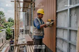 Tukang bangunan dari jasa kontraktor Blitar PatriaLand sedang memasang fungsi material wpc untuk fasad