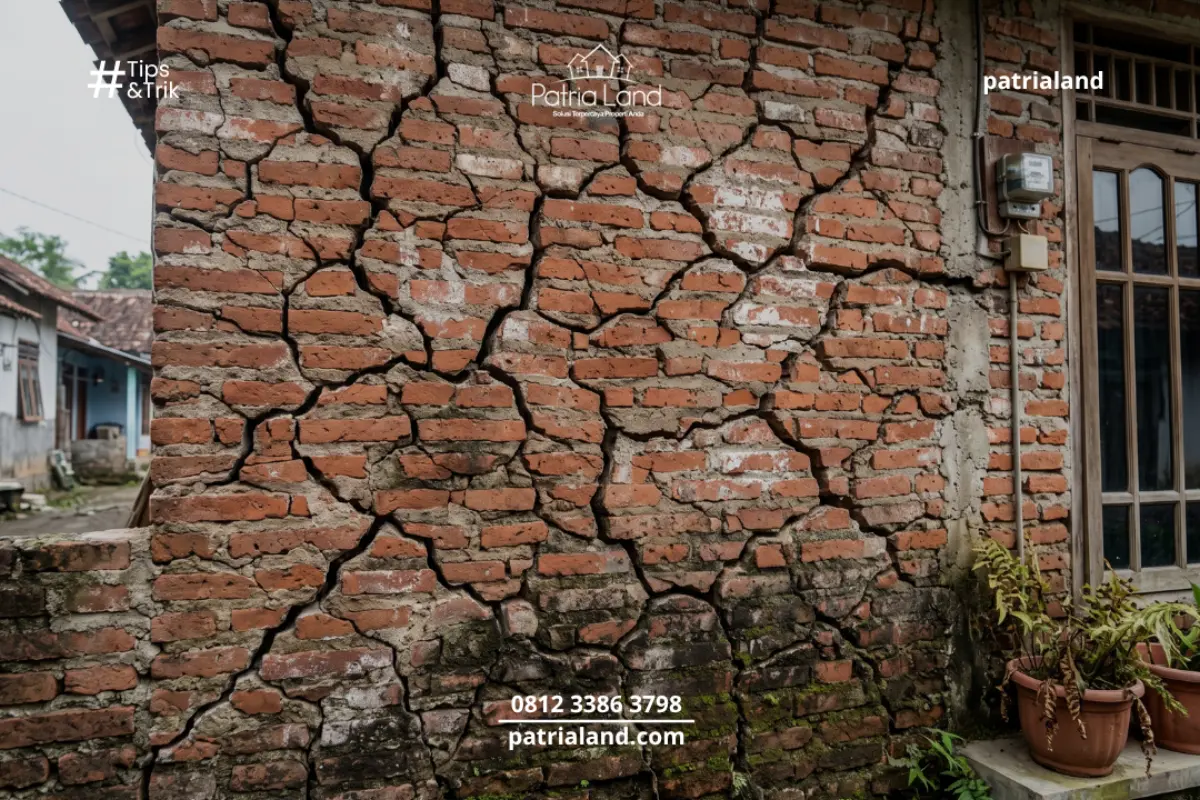 Contoh kerusakan tembok dengan retakan akibat lembab yang membahayakan struktur bangunan.