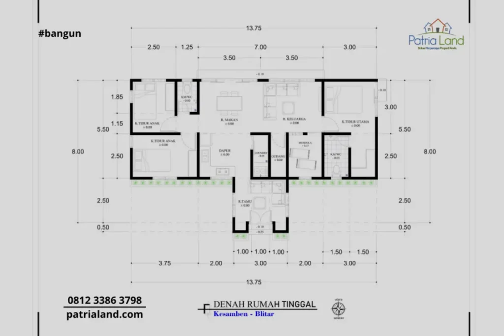 Denah tata ruang rumah idaman dengan 3 kamar tidur, mushola, dan ruang keluarga luas.