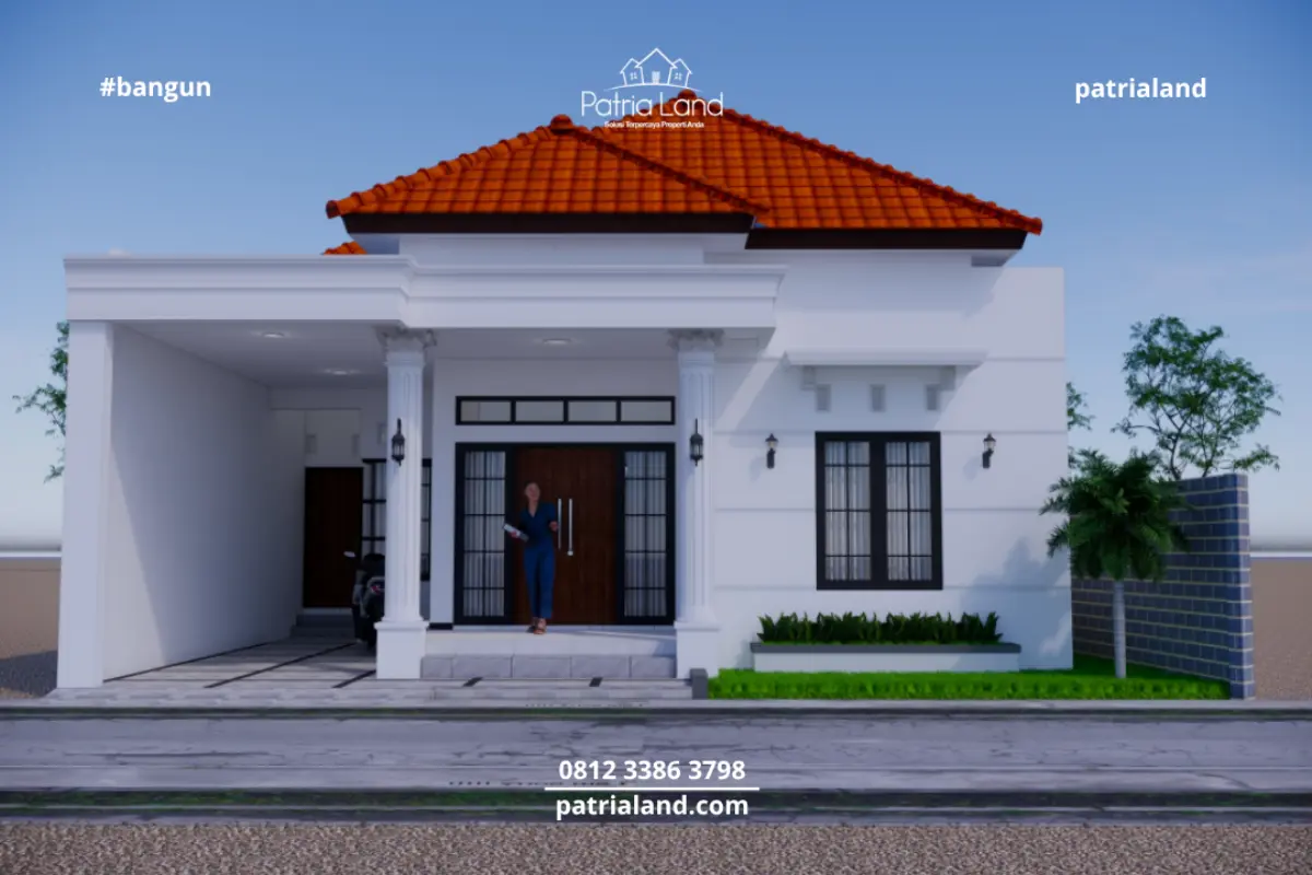 Desain 3D fasad rumah atap limasan modern proyek jasa kontraktor Blitar PatriaLand untuk Ibu Tsalis.