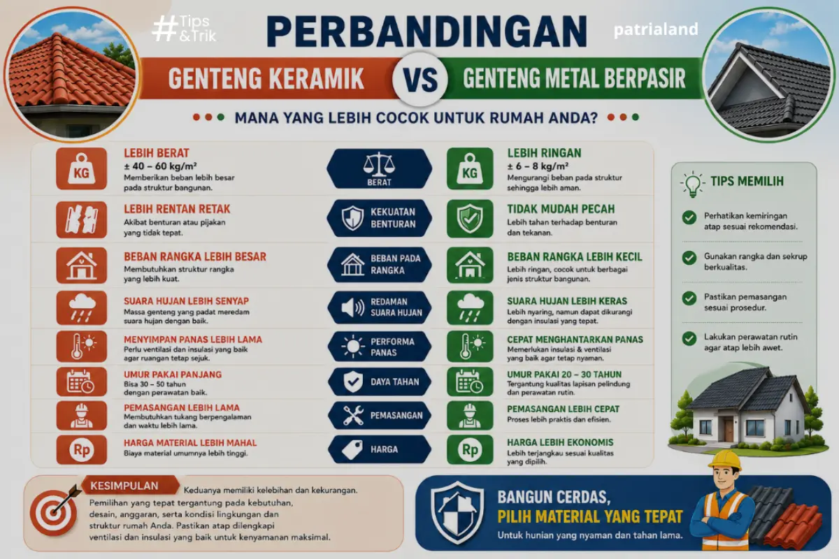 Infografis perbandingan genteng keramik vs genteng metal berpasir untuk atap rumah idaman.