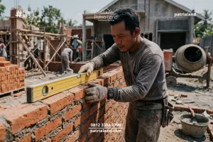 Tukang bangunan mempraktikkan rumus menghitung bata merah pada dinding rumah.