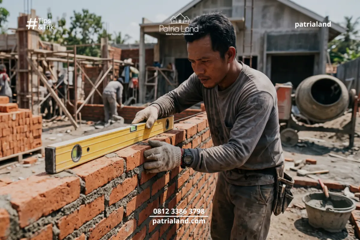 Tukang bangunan mempraktikkan rumus menghitung bata merah pada dinding rumah.