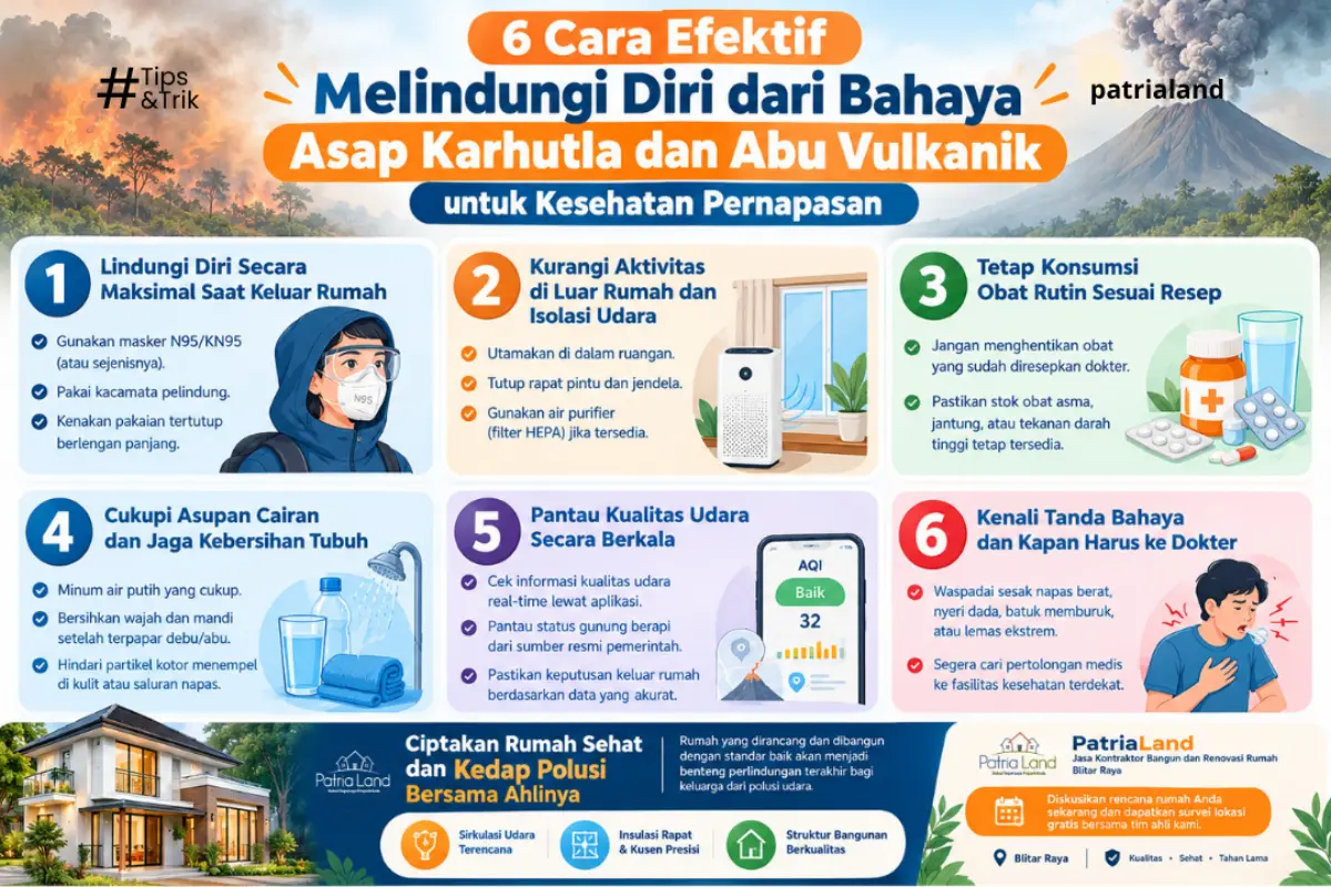 Panduan 6 langkah melindungi diri dari paparan bahaya asap karhutla dan abu vulkanik bagi kesehatan pernapasan.