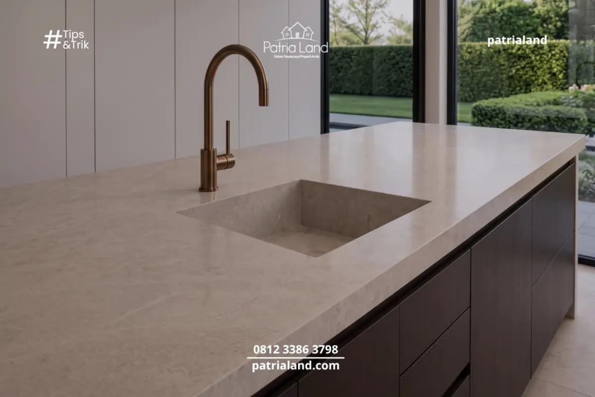 Desain kitchen sink seamless yang menyatu sempurna dengan top table dapur, memberikan tampilan interior yang mewah, bersih, dan presisi.