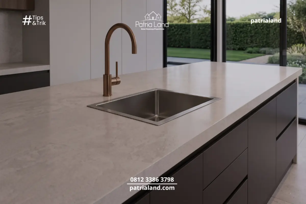 Contoh pemasangan kitchen sink tipe top-mount dengan bibir stainless yang menonjol, rentan menjadi tempat menumpuknya kotoran dan air.