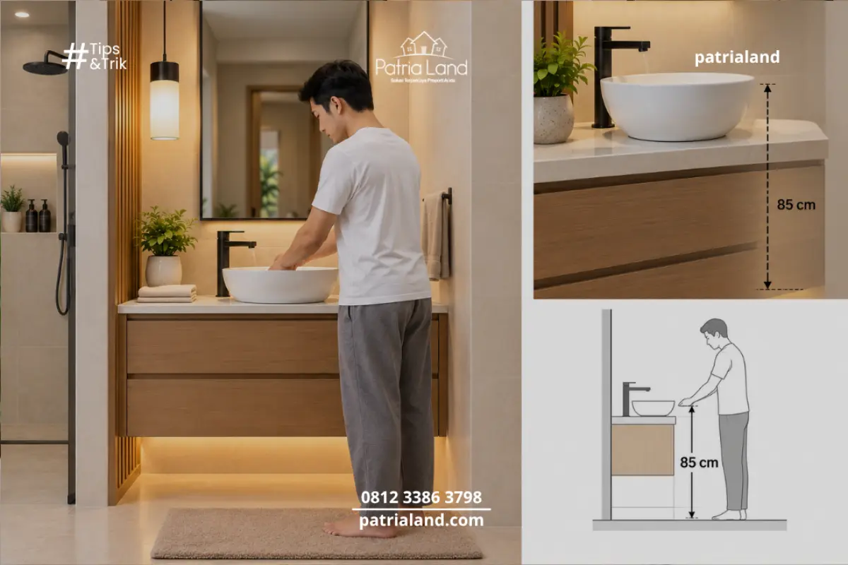 Cara mengukur tinggi wastafel ideal model countertop dengan memperhitungkan tinggi meja kabinet ditambah tinggi mangkok wastafel.